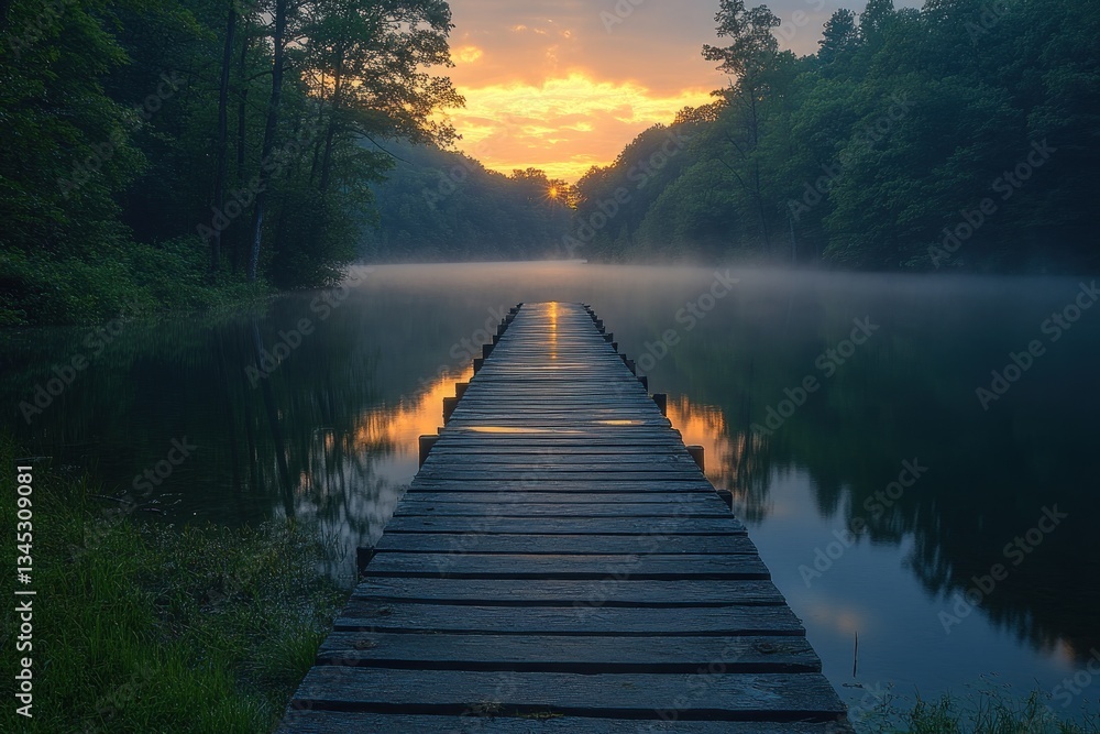 Fototapeta premium Wooden pier on misty lake at sunrise in forest
