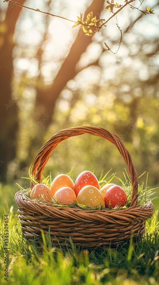 Sunlit Easter basket filled with colorful painted eggs nestled in soft green grass, capturing the warmth and joy of spring's renewal in a tranquil woodland setting Sunlit Easter basket filled with colorful painted eggs nestled in soft green grass, capturing the warmth and joy of spring's renewal in a tranquil woodland setting