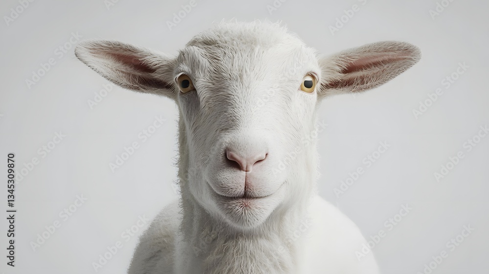 Obraz premium Adorable White Sheep Portrait Fluffy Wool Farm Animal Close up Innocent Expression