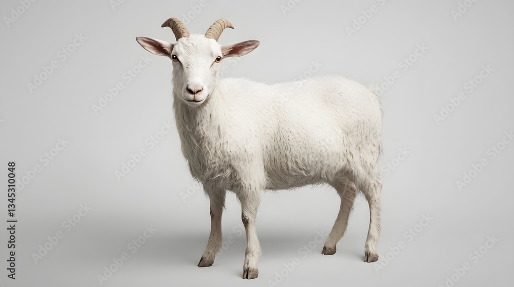 Fototapeta premium Fluffy White Goat Standing Farm Animal Portrait Studio Shot
