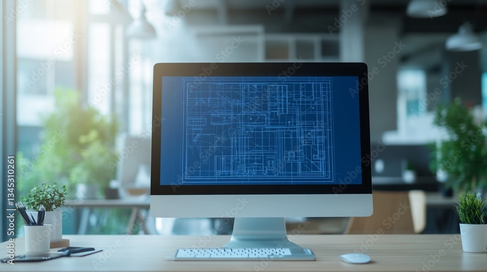 Architectural blueprint displayed on sleek computer monitor in modern, minimalist workspace with natural light and green plants creating an inspiring design environment Architectural blueprint displayed on sleek computer monitor in modern, minimalist workspace with natural light and green plants creating an inspiring design environment