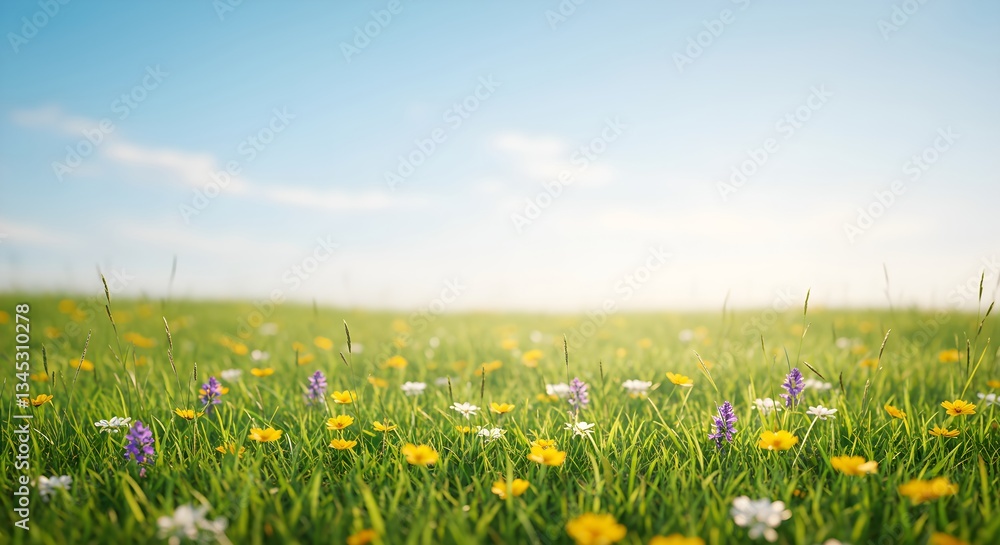 Blooming wildflower meadow with colorful flowers on sunny spring day. Tranquil nature landscape. Idyllic countryside scenery for relaxation, ecotourism and outdoor travel concept Blooming wildflower meadow with colorful flowers on sunny spring day. Tranquil nature landscape. Idyllic countryside scenery for relaxation, ecotourism and outdoor travel concept
