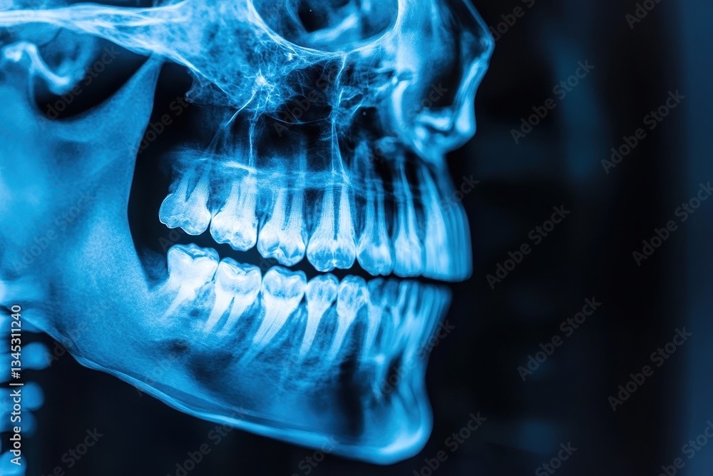Side view of a human skull X-ray in blue hues. Side view of a human skull X-ray in blue hues.