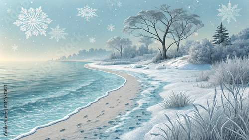 A serene winter beach scene with gentle waves lapping a snow-covered shore, delicate snowflakes falling softly in a tranquil, icy blue and white landscape.