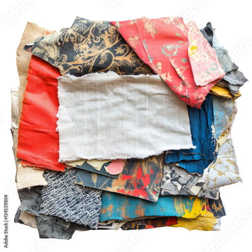 Fabric Background. Sewing and Tailoring Concept. Cloth Pieces on White Background
