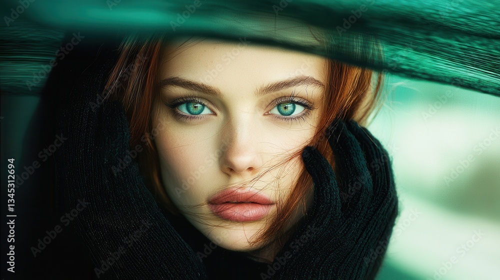 Close-up portrait of a person with striking blue eyes and long reddish-brown hair in a dark hoodie Close-up portrait of a person with striking blue eyes and long reddish-brown hair in a dark hoodie