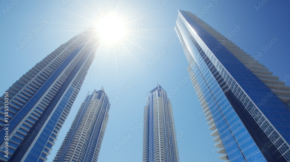 Fototapeta premium Modern skyscrapers under bright sun, city view, architectural marvel, possible use for architectural design or real estate stock image