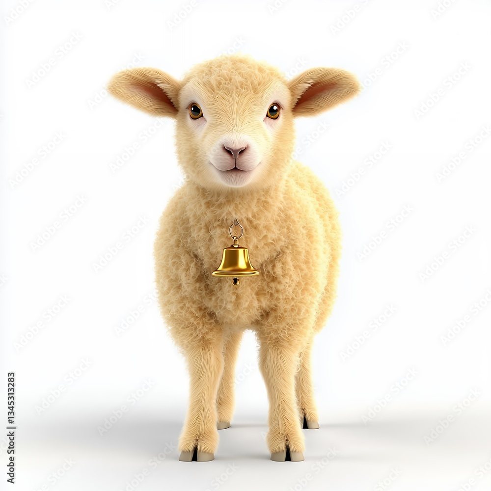 Fototapeta premium Cute Sheep with Fluffy Wool and Golden Bell on White Background