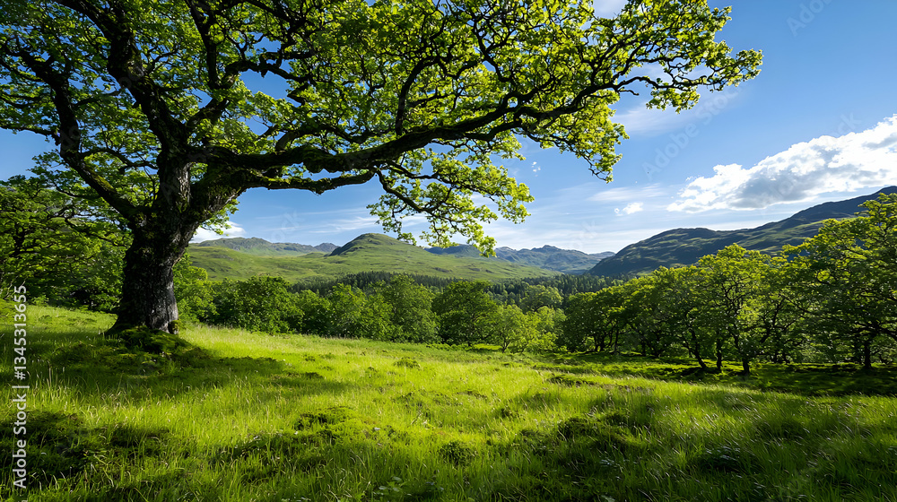Lush Green Landscape With Tree In Grassy Field Under Blue Sky And Sunny Daylight Lush Green Landscape With Tree In Grassy Field Under Blue Sky And Sunny Daylight
