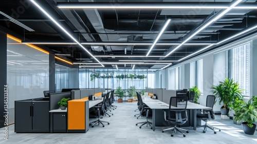 A stylish office ceiling with linear LED lights, suspended panels, and acoustic materials, providing both aesthetic appeal and functional sound control