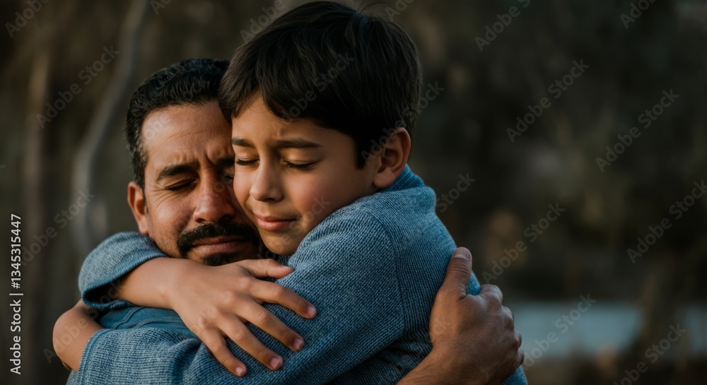 Fototapeta premium Emotional embrace between hispanic father and child outdoors