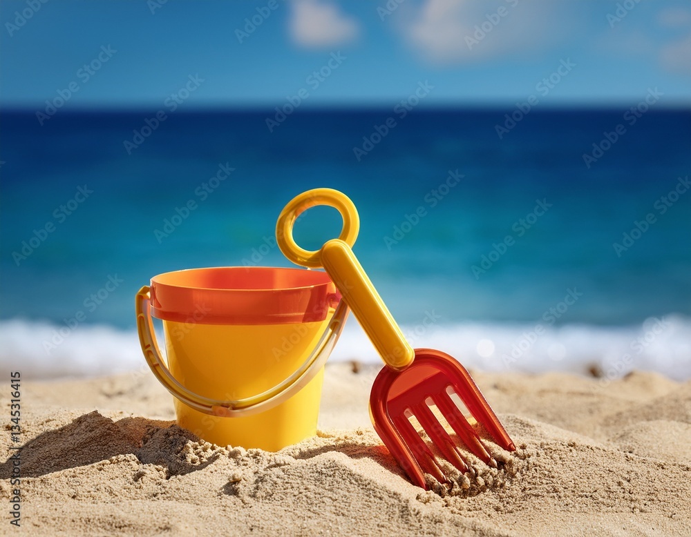 seau et râteau en plastique dans le sable sur une plage en bord de mer, jeux d'enfants en ia seau et râteau en plastique dans le sable sur une plage en bord de mer, jeux d'enfants en ia