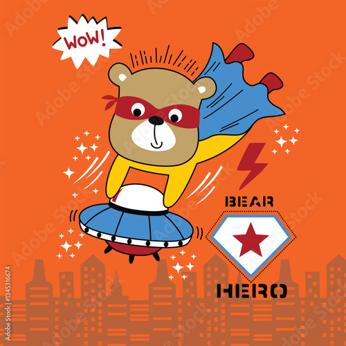 Cute cartoon bear superhero flying with a cape over the city skyline. Fun action hero concept
