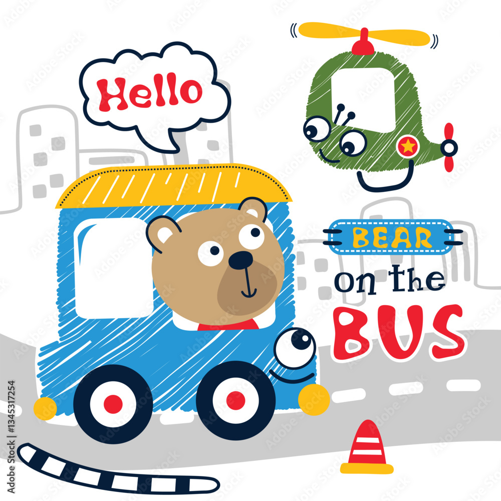 Cute cartoon bear riding a colorful bus with a helicopter flying overhead. Fun transportation concept
Cute cartoon bear riding a colorful bus with a helicopter flying overhead. Fun transportation concept