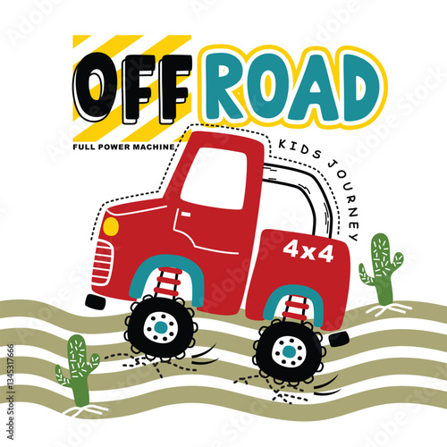 Cute cartoon red off-road 4x4 truck driving through rough terrain with cacti. Adventure vehicle concept
