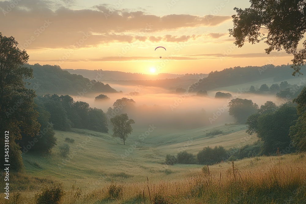 Fototapeta premium Paraglider soars over misty valley at sunrise