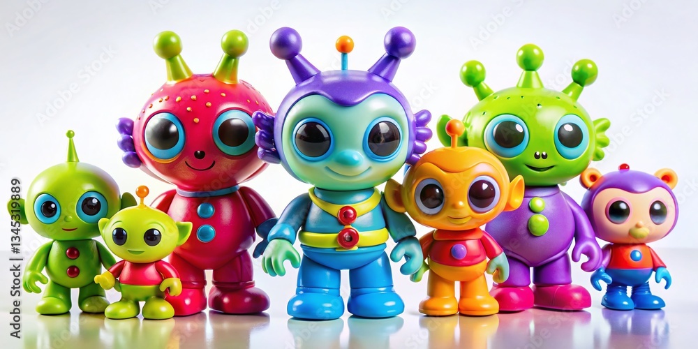 Fototapeta premium Cute Cartoon Alien Toys Product Photography - Space Creatures on White Background