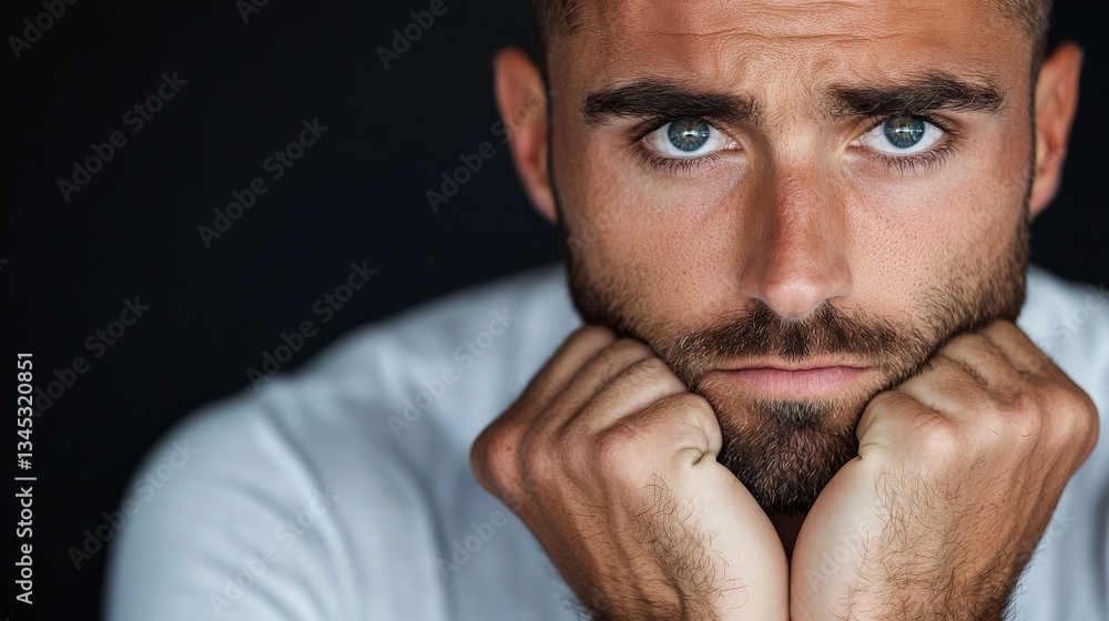 Naklejka premium Man in Light-Colored Shirt Deep in Thought with Hands Clasped