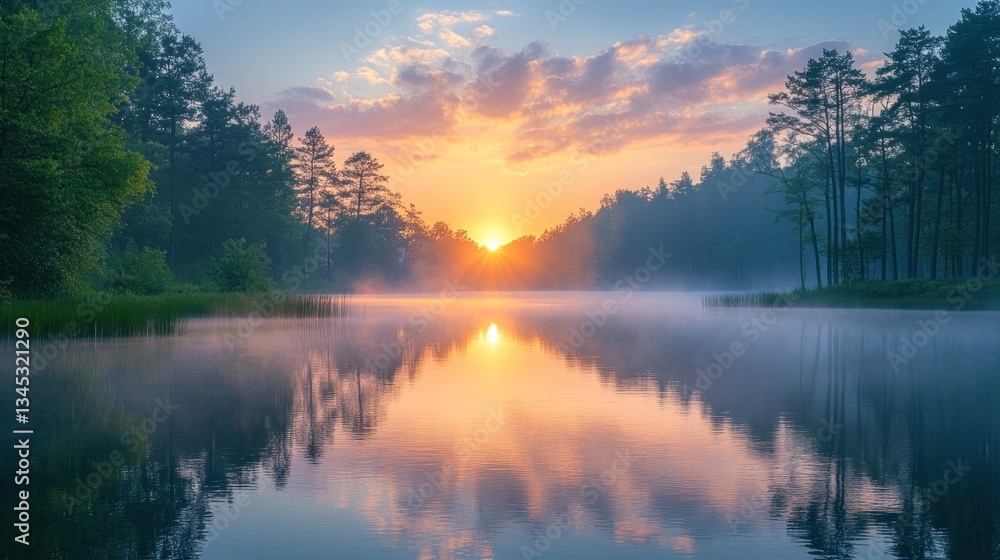 Misty forest lake sunrise reflection Misty forest lake sunrise reflection