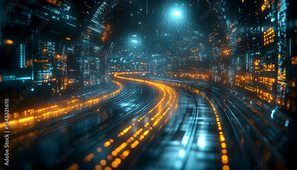 Glowing digital highway curves through a futuristic cityscape at night. Intricate data streams illuminate the scene Glowing digital highway curves through a futuristic cityscape at night. Intricate data streams illuminate the scene