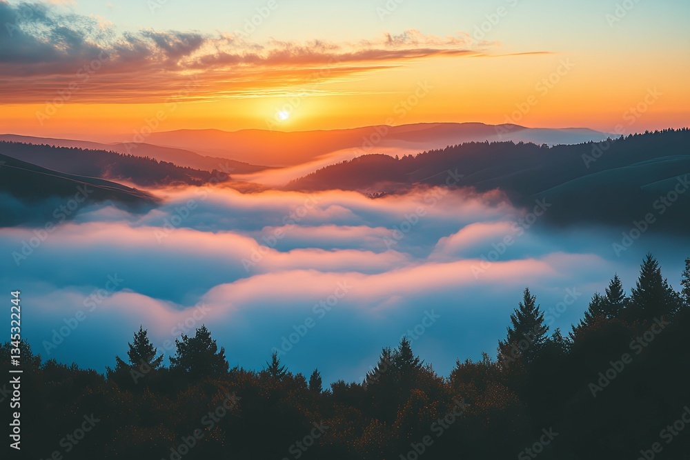 Obraz premium Majestic sunrise paints the sky above a mountain range with clouds