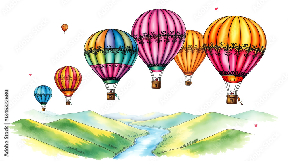 Obraz premium Vibrant Hot Air Balloons Over a Scenic Green Valley in Watercolor Style