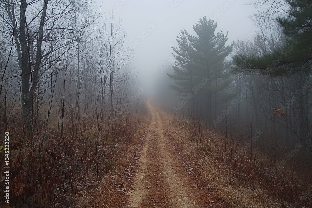 A foggy forest path disappearing into atmospheric obscurity ahead A foggy forest path disappearing into atmospheric obscurity ahead