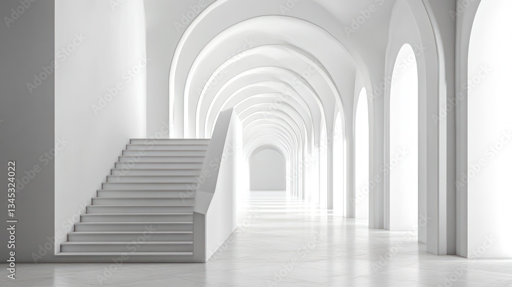 Obraz premium White arched hallway with stairs, interior design, spacious, bright