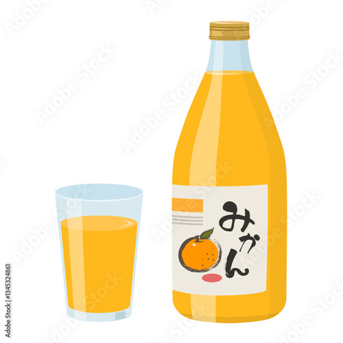 瓶に入ったミカンジュースとコップ_ベクターイラスト