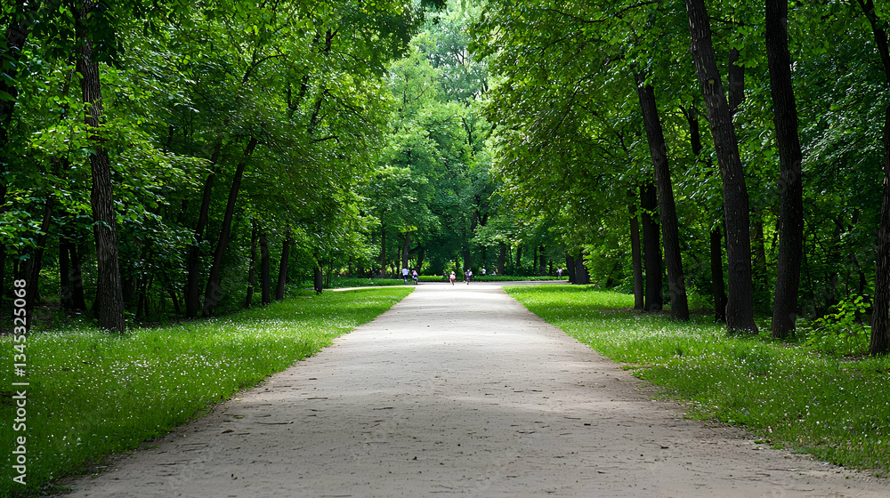 Green Tree Lined Pathway Through Lush Park on Bright Sunny Day with Sunlight