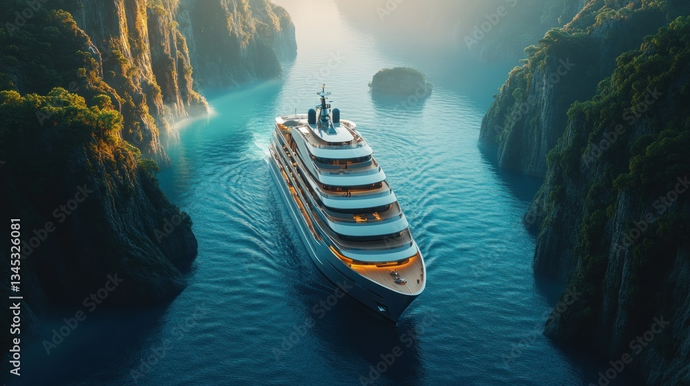 Fototapeta premium Luxurious yacht navigating a serene, tropical waterway, surrounded by lush greenery and towering cliffs
