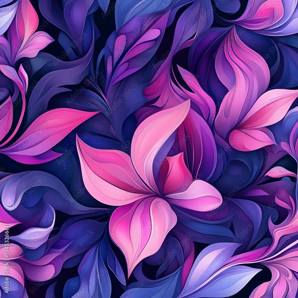 Seamless pattern of pink, purple, and dark blue fantasy floral. Seamless pattern of pink, purple, and dark blue fantasy floral.
