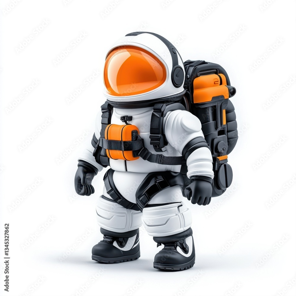 Cute cartoon astronaut character in vibrant white suit with orange helmet and backpack, standing confidently Cute cartoon astronaut character in vibrant white suit with orange helmet and backpack, standing confidently