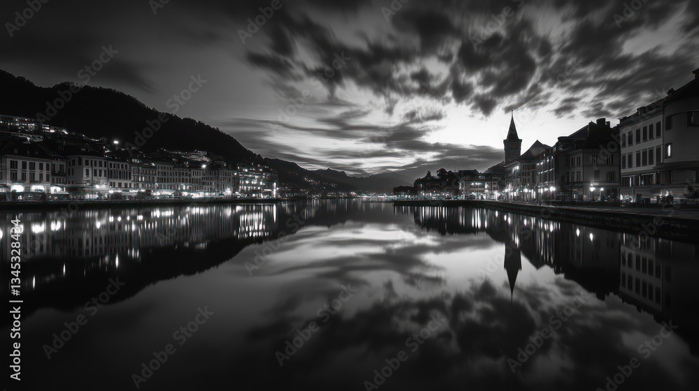Obraz premium Night city reflected on river, mountain backdrop