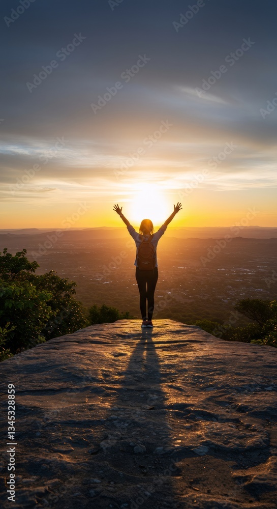 Fototapeta premium Woman on mountain summit at sunset raising arms in victory pose. Travel adventure concept. Silhouette of female hiker celebrating success. Freedom and achievement.