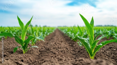 Fresh Green Corn Plants Growing in Fertile Soil Under Clear Blue Sky with Vibrant Agricultural Landscape