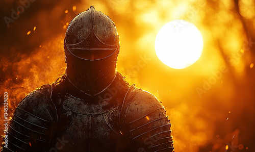 A medieval knight, armor muddied, stands silhouetted against a fiery sunset.  The scene evokes battle and heroism