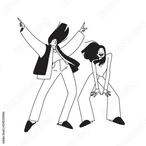 two girls dancing joyfully line minimalistic vector illustration. Vector illustration