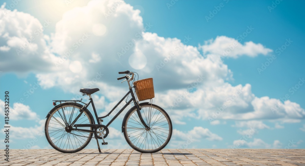 Fototapeta premium Vintage bicycle with basket on paved road against blue sky with fluffy clouds. Summer travel, eco-friendly transportation, and outdoor adventure concept. Nostalgic cycling scene.