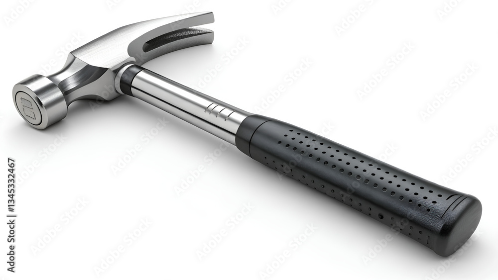 A close up studio shot of a silver hammer with a black handle on a white background surface tool A close up studio shot of a silver hammer with a black handle on a white background surface tool