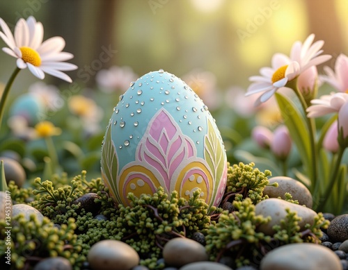 Colorful decorative egg surrounded by blooming flowers