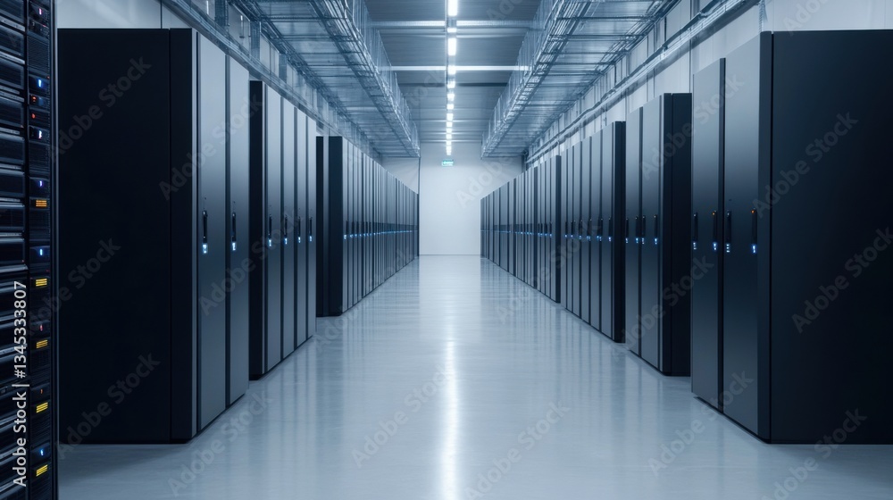 High-Tech Server Room with Rows of Dark Cabinets and Bright LED Lights in a Modern Data Center Environment High-Tech Server Room with Rows of Dark Cabinets and Bright LED Lights in a Modern Data Center Environment