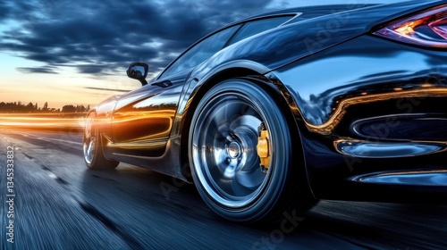 Night Drive: A Luxury Sports Car speeding on the highway during sunset
