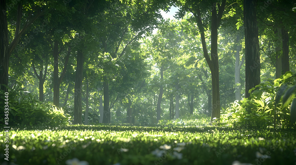 Obraz premium Lush Green Forest Scene with Sunlight Shining Through Trees Along a Pathway and Grass on the Ground