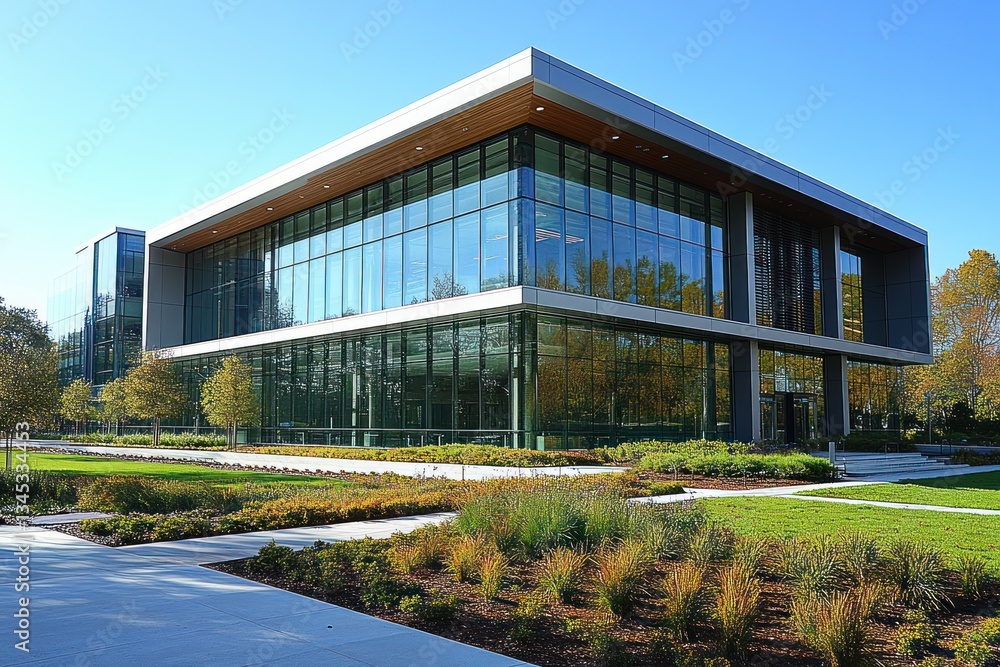 Modern office building exterior, sunny day, landscaped grounds, city background Modern office building exterior, sunny day, landscaped grounds, city background