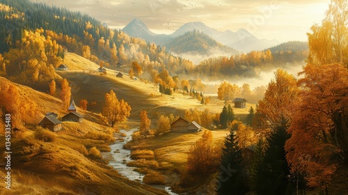 Picturesque Autumn Valley Bathed in Golden Light at Sunrise