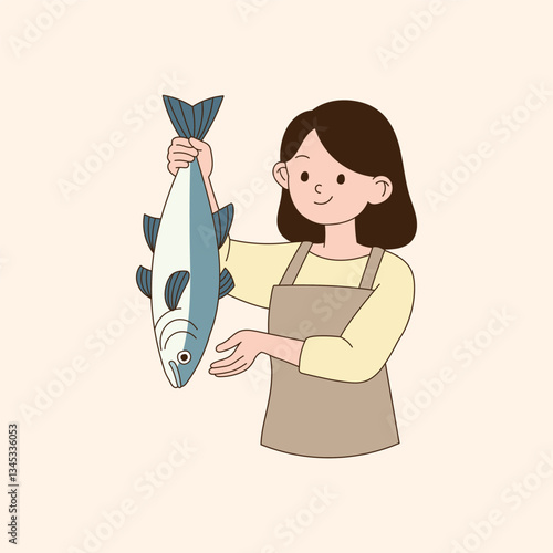 a cook holding a large fish. minimal line art vector illustration.