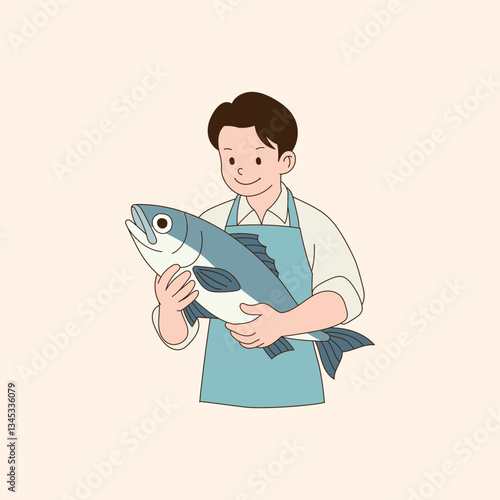 a cook holding a large fish. minimal line art vector illustration.