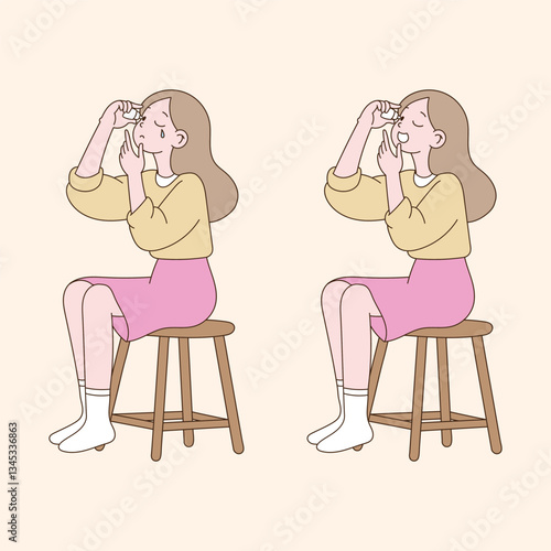 a woman who puts eye drops in her eyes. minimal line art vector illustration.