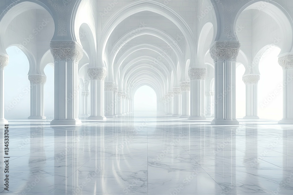 Fototapeta premium A spacious white marble hall with arched ceilings and columns